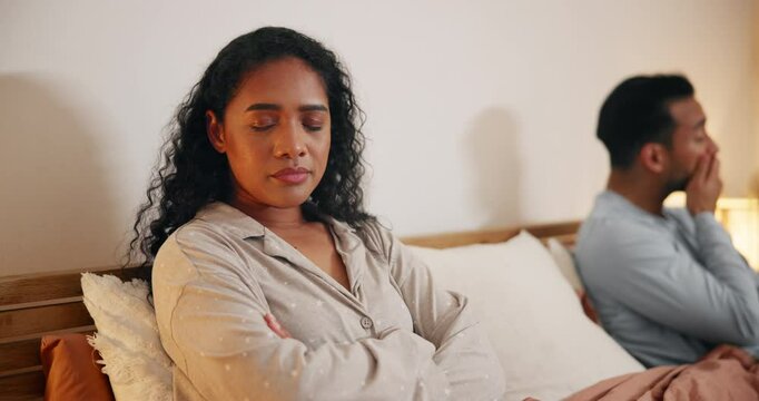 Bedroom, ignore and couple with anger, conflict and frustrated with marriage. House, man and woman with divorce, anxiety and argument with stress, fighting and relationship crisis with cheating