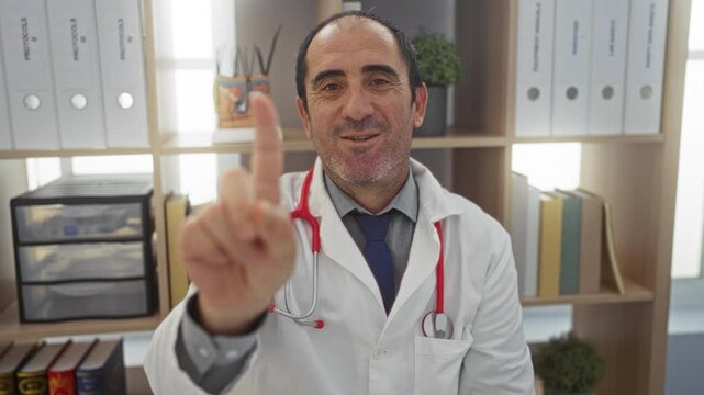 Hispanic man in a clinic office with a stethoscope making a no gesture with his finger while sitting in front of shelves filled with books and binders.