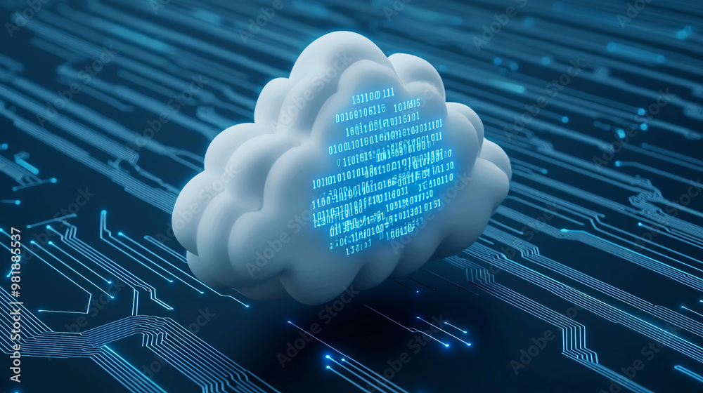 Poster a floating cloud composed of binary code is surrounded by digital circuit background, symbolizing te