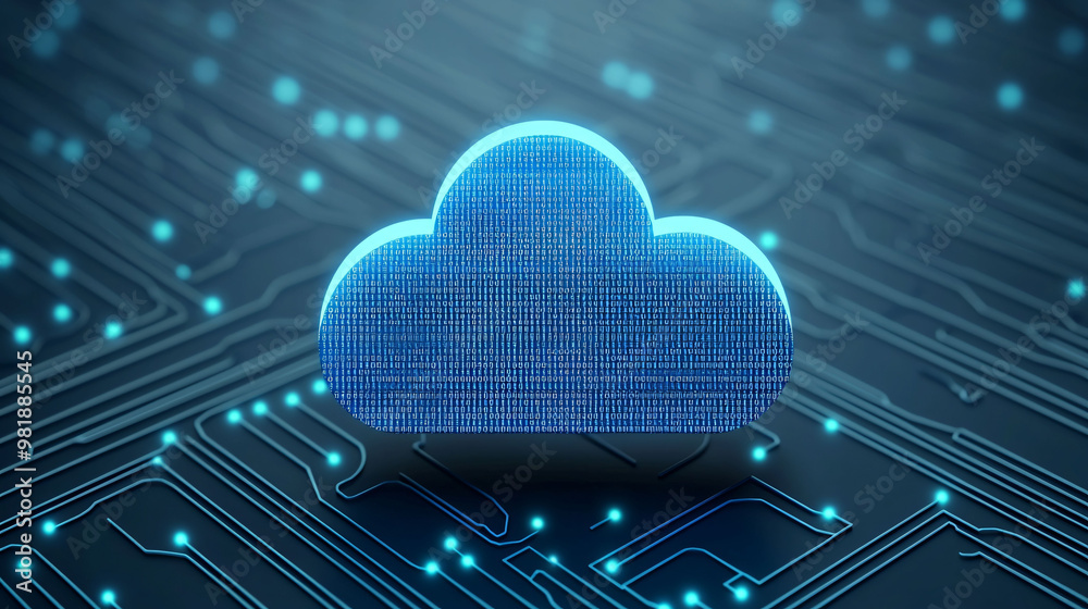 Poster digital cloud technology represents floating cloud composed of binary code, surrounded by network of