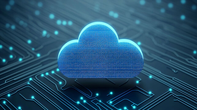 Digital cloud technology represents floating cloud composed of binary code, surrounded by network of glowing circuits. This image captures essence of modern data storage and connectivity