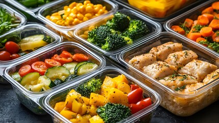 Close-up of nutritious meal prep containers with vegetables and lean proteins
