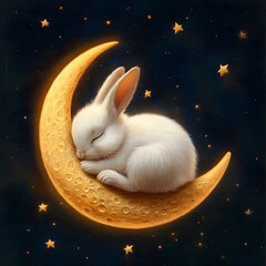 Bunny rabbit sleeping on a crescent moon 