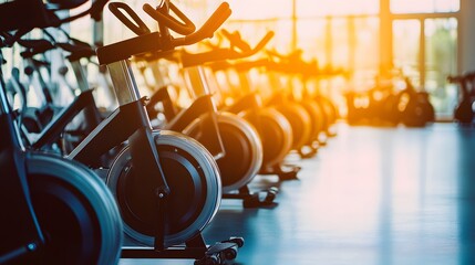 Row of stationary bikes in a brightly lit spin class studio