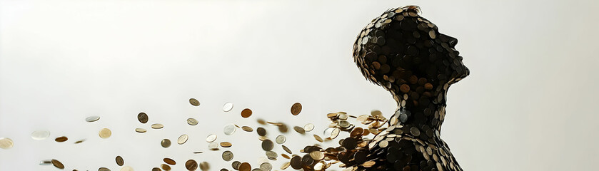 Antigravity Donation Coins Creating Candidate Silhouette: Close-Up Shot with Coins Defying Gravity on White Background - Stock Photo Concept