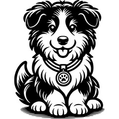 Obraz premium Collie puppy with dog show winner medal worn around its neck in monochrome. Simple minimalistic vector in black ink drawing on transparent background