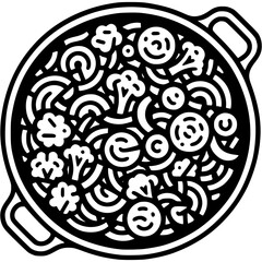 Chopped vegetables stewed in frying pan, top view in monochrome. Simple minimalistic vector in black ink drawing on transparent background