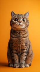 Obraz premium Cute tabby cat with big eyes sitting on orange background.