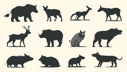 A set of black silhouettes of extinct animals.