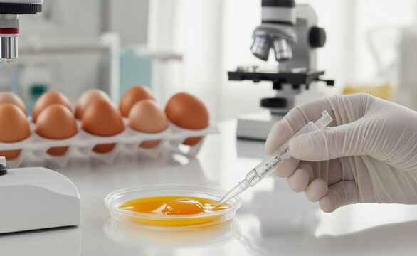 Laboratory technician examining egg yolk with a syringe beside a microscope.