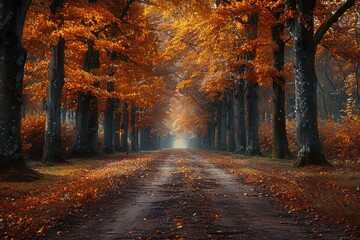 Fototapeta premium Golden Autumn Forest Path with Falling Leaves