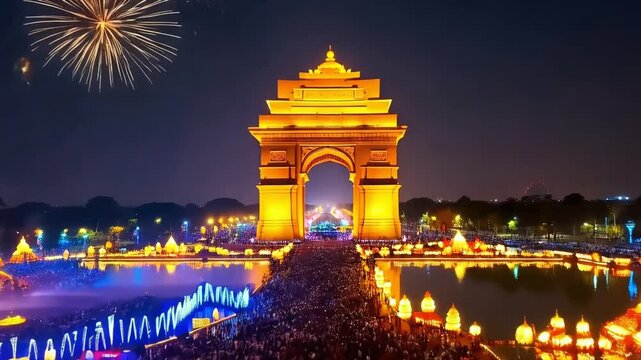 Diwali Celebration with Firework Show at India Gate - Colorful Lights and Festive Atmosphere - 4K
