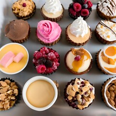 A colorful assortment of mini tarts, each with a unique flavor and topping, including fruit, cream, and chocolate.