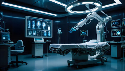 Medical operating room futuristic robotic surgery masked surgeons, high-tech monitors sterile environment
