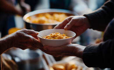 Hands passing a bowl of hot food during a community meal service.