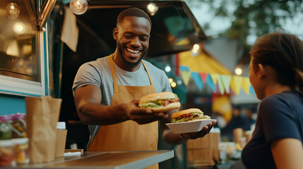 Smiling food vendor holding two burgers at a food stall.