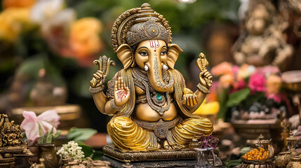 beautiful golden statue of god ganesha