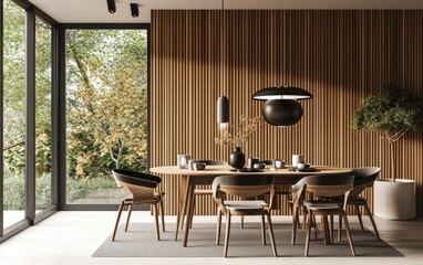 Obraz premium Elegant contemporary dining table setting with stylish wooden chair and round table near houseplant, hanging lamp on wooden panel wall