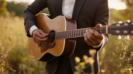 Dapper dude plays guitar al fresco.