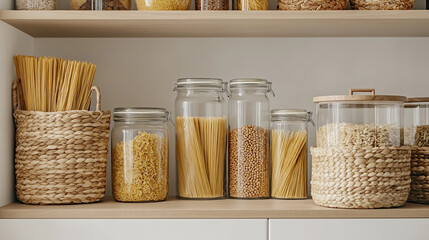 Neatly arranged pantry jars filled with dry goods like pasta, nuts, and grains.
