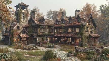 Fototapeta premium Stone House with Tower and Garden - Medieval Architecture