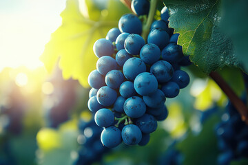 Blue grapes glowing in the sunlight