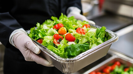 A person holding a fresh salad in a plastic container, ready for takeaway or meal prep.