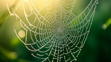 Naklejka premium Dew-covered spider web with intricate patterns and glistening droplets