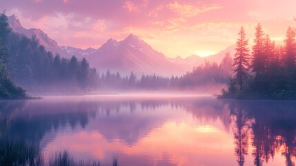 Obraz premium Misty Mountain Lake at Sunset with Silhouetted Trees