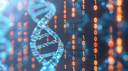 Illuminated DNA Helix with Binary Code, showcasing biometric data patterns for enhanced identification, security measures, and advancements in personalized medicine.