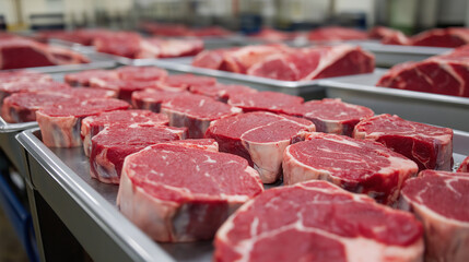 Raw steaks neatly arranged in trays, ready for sale in a butcher shop or supermarket.