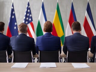 A line of officials in suits sitting with their backs to the camera, facing a display of various international flags.