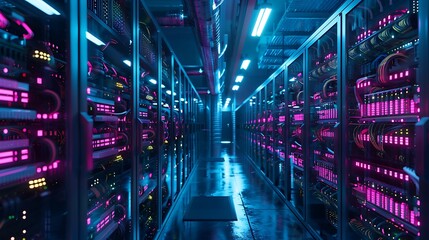 Fototapeta premium A blockchain mining farm with rows of mining rigs and cooling fans in a high-security facility.