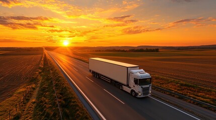 White Semi Truck Driving on Highway at Sunset