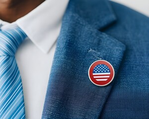 A close-up image of a blue suit jacket with a patriotic pin featuring the American flag, complemented by a light blue striped tie.