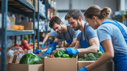 Fototapeta premium Volunteers packing fresh vegetables into boxes at a food bank distribution center. 