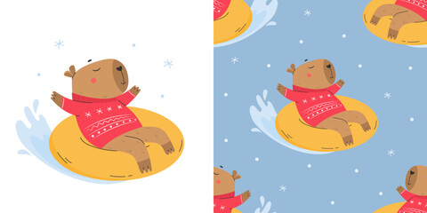 Funny capybara snow tubing seamless pattern