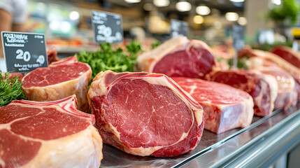 
Different cuts of fresh raw red meat in supermarket, variety of prime meat steaks, angus, T-bone, ribeye, striploin, tomahawk on display in a grocery store meat counter. generative ai