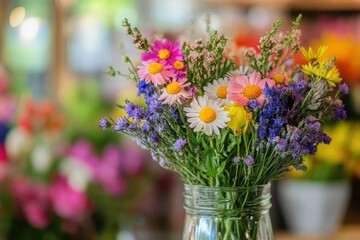 Colorful Bouquet of Flowers in a Glass Jar