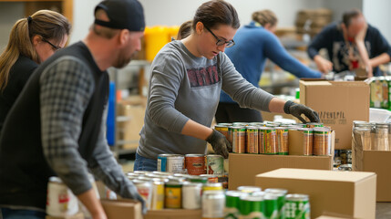 Volunteers sorting canned goods into boxes at a community food bank. - Powered by Adobe