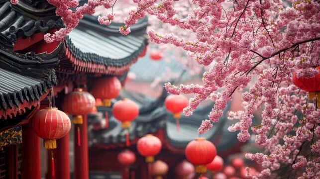 Blossom and roof in Chinese temple.