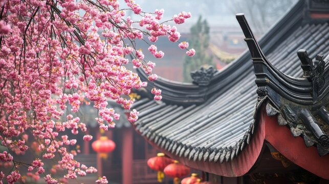 Cherry Blossom with Chinese roof in Xian temple.