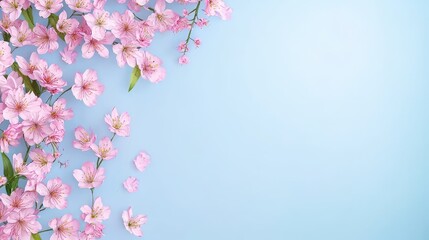 Fototapeta premium Pink Cherry Blossoms on Blue Background Spring Flowers Floral Border Delicate Design Floral Decoration Nature Wallpaper Springtime Beauty