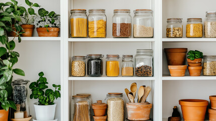 Fototapeta premium A kitchen shelf organized with jars of spices, grains, and cooking utensils next to potted plants.