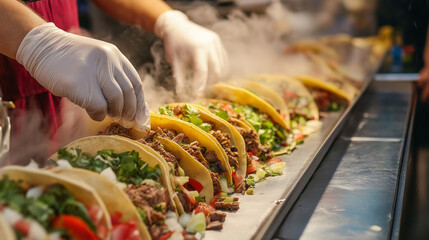 A row of tacos being prepared with fresh ingredients by a vendor wearing gloves. 