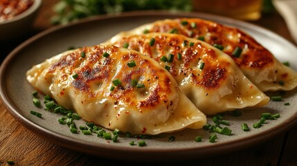 Plate of Three Golden-Brown Dumplings Filled with Meat and Cheese Sauce &ndash; Sprinkled with Green Chives, Soft Lighting for an Inviting Atmosphere, High-Resolution Food Photography

