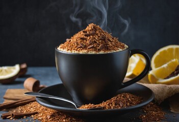 black coffee with cinnamon and lemon zest on a plate with a spoon