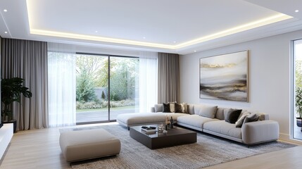 Fototapeta premium Modern Living Room Interior Design with Grey Sofa Large Window and Abstract Art