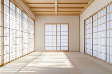 Empty traditional Japanese room with tatami floor and shoji screens.
