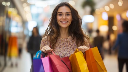 Woman shops with bags happily at mall